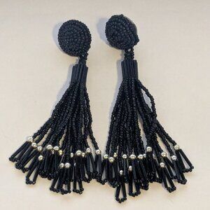 Black Beaded Silver Ball Beaded Tassel Pierced Earrings